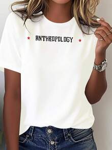 Women's Anthropology Theme T-Shirt - Short Sleeve Casual T-Shirt With White 'ANTHROPOLOGY' Print On Chest And Logo Design, Red, Comfortable For All Seasons, Machine Washable, For Anthropology Enthusiasts And Casual Wear - 白色 - 查看 1