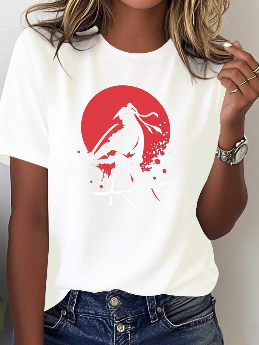 Camiseta de Samurái Japonés para Mujer - Top Puro con Diseño de Sol Naciente Rojo y Guerrero con Katana, Logo de Kanji Japonés Blanco - Atuendo Casual Inspirado en Anime para Eventos Temáticos y Ropa casual