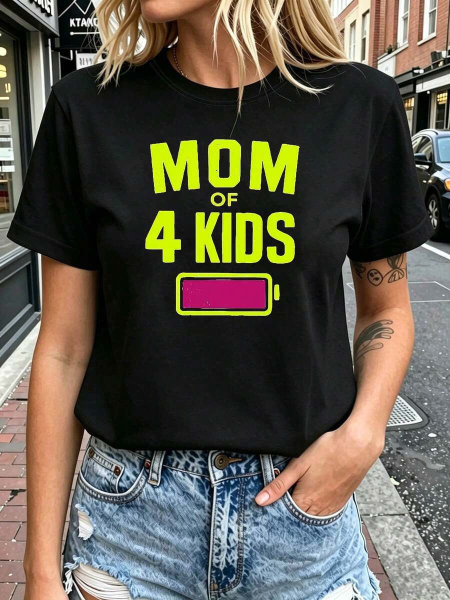Talla Grande - Talla Grande - MAMÁ DE 4 Estampado Gráfico Camiseta de Talla Grande para Mujer, Top Casual de Manga Corta y Cuello Redondo para Verano y Primavera, Ropa de Mujer