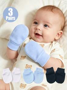 3 Pairs 0-6 Months Baby Anti-Scratch Mittens, Soft & Skin-Friendly Solid Color & Printed Newborn Gloves, Suitable For All Seasons - 3pairs - View 3