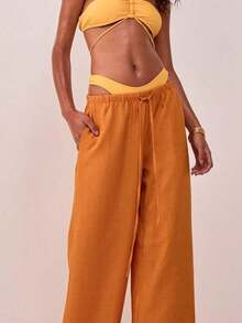 Pantalones de lino con textura, con cintura de corbata, para vacaciones de verano, elegantes, bohemios, casuales, para el aeropuerto, de primavera - Marrón - Ver 5