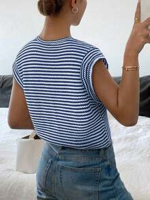 Camiseta casual de mujer con estampado de lunares, verano - Azul y blanco - Ver 2