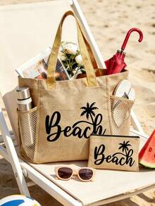 海灘主題帆布托特包，女款大容量夏季海灘包，印有「BEACH」字母藝術圖案，附拉鍊口袋，輕量耐用可重複使用，附內袋與網袋，適合海灘度假、旅行、野餐、上學及其他日常使用 - 彩色 - 查看 3