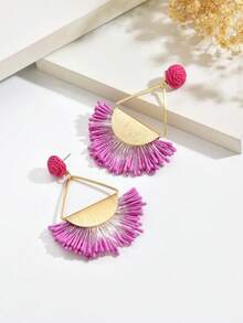 1 Pair Handmade Woven Raffia Geometric Pendant Earrings, Fashionable Unique Raffia Fan-Shaped Earrings, Suitable For Women's Daily, Vacation, And Party Wear - Hot Pink - View 5