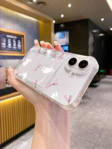 1pc Transparent TPU Hand-Painted Minimalist White Rabbit & Bow Design Shockproof Full Coverage Phone Case, Fashionable, Versatile, Creative, - Multicolor - View 4