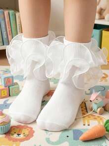 1 Pair Girls' Socks With Ruffle Floral Trim, Princess Baby Socks - White - View 7