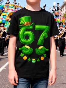 Camiseta de San Patricio de 67", Diseño de Meme "Feliz Día de San Patricio", Color Sólido, Transpirable, Estilo Casual, Cuello Redondo, Mangas Cortas, Ideal para Niños y Niñas - Negro - Ver 6
