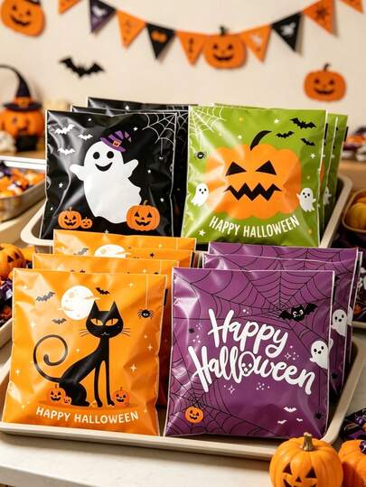 100pcs Halloween Gift Bags Sweet Bags, Cartoon Halloween Pumpkin Ghost Pattern Gift Wrap Bag Self Seal Bags, Halloween Party Candy Bag Cookie Bags, Halloween Trick Or Treat Decoration, Happy Halloween Decorations, Halloween Party Supplies, Halloween Party Table Decoration, Halloween Biscuit Baking Bags, Halloween Gift Packing Supplies, Halloween Gifts, Halloween Party Bag Fillers, Party Favors, Christmas Decor, 2027 New Year Decor