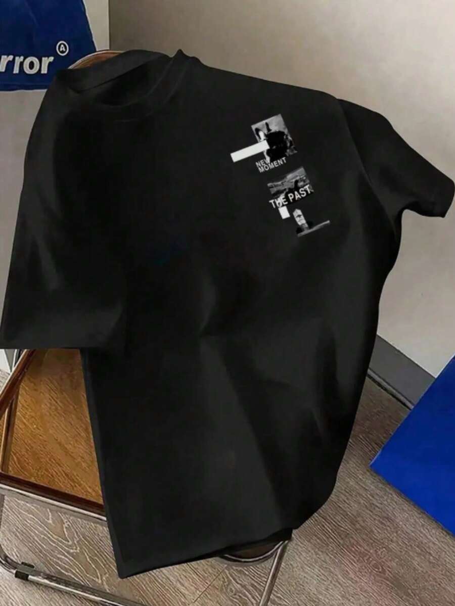 Men's Black Short-Sleeved T-Shirt, Locally Made, Pure Cotton, With A Modern And Creative Print, Made With High-Quality Fabric. - 黑色 - 查看 1