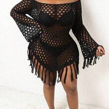 Plus Size Off-Shoulder Fringe Knitted Cover-Up For Summer Beach Vacation - Blanco - Ver 6
