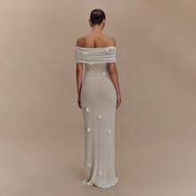 Nuevo vestido largo de borrador de pecho de vacaciones para mujeres mujeres mujeres delgadas, flores de caderas, hombro con hombro vestido largo - Blanco - Ver 3