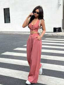Set de 2 piezas para mujer: Top sin mangas de cuello de corazón con dobladillo asimétrico de unicolor y pantalón largo con bolsillo detallado - Rosa - Ver 1