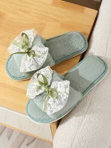 Women's Fluffy Bow Slippers, Lightweight Indoor Home Slippers, Quiet Plush Slides For All Seasons - Green - View 5