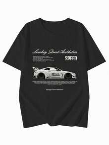Camiseta de moda femenina de verano de manga corta camiseta de moda casual al aire libre 'letras y coches' estampados camisa casual femenina con patrones relajados - Negro - Ver 3