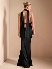 Vestido de punto de tirantas con escote profundo, espalda con lazo y cola de pez, color rojo sólido, sexy y elegante, adecuado para cócteles, citas románticas, capas en otoño/invierno, fiestas, bodas de damas de honor, salidas nocturnas, Halloween y Navidad - Negro - Ver 10