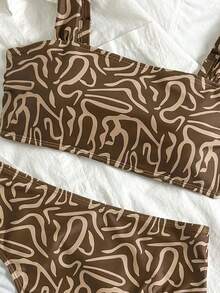 Conjunto de bikini de 2 piezas con parte superior de tirantes con estampado de color aleatorio y shorts de cintura alta para mujer, para vacaciones en la playa - Café integral - Ver 5