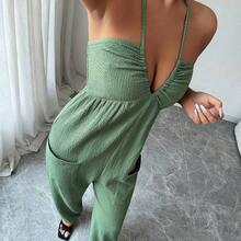 Elenzya Women's Summer Halter Neck Backless Pocket Jumpsuit - Verde - Ver 6