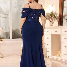 Vestido formal de cola de sirena con cuello en V profundo, encaje floral con lentejuelas, hombros descubiertos, volantes delanteros, bajo para talla grande, vestido de verano, vestido de invitada de boda, adecuado para cumpleaños, graduación, baile de promoción, regreso a casa elegante - Azul marino - Ver 3