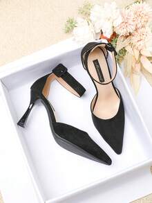 Elegant Black Velvet Strap Pointed Toe Stiletto Heels, Visually Elongating Legs - Black - View 5