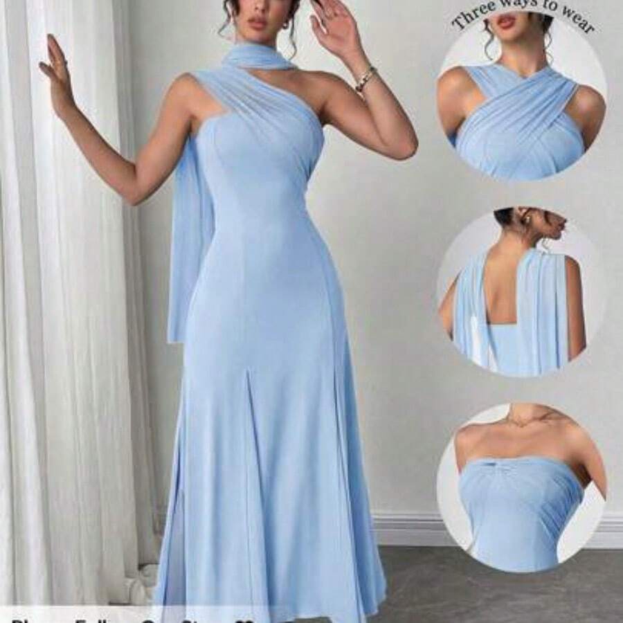 Women's New Casual Elegant Mint Green Ribbon Backless Dress, There Are Three Ways To Wear It, You Can Match It With Different Outfits, Suitable For Daily Casual Outings, Beach Vacations, Garden Parties And Other Occasions/Pride Outfits Women/Acation Outfits Woman/Birthday Dress/Teacher Outfits For Women - Azul - Ver 1