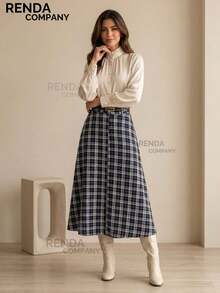 Women's Tailored Plaid Midi Skirt, High Waist With Leather Belt, Elegant Look, For Autumn And Winter (São João Festival). - 藍色 - 查看 3