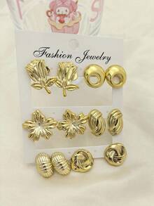 2/12pcs Set Gold Metal Textured Earrings, Niche Floral & Geometric Design, Versatile For Commute, Dating, Daily Matching - Gold - View 5