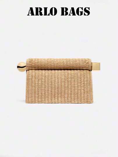 This Stylish Brown Straw Clutch, A Rolled-Top Envelope Bag Adorned With A Metal Ball Decoration, Is Ideal For Students And Working Women, Perfect For Beach Vacations, Outdoor Trips, Dates, And Everyday Use.