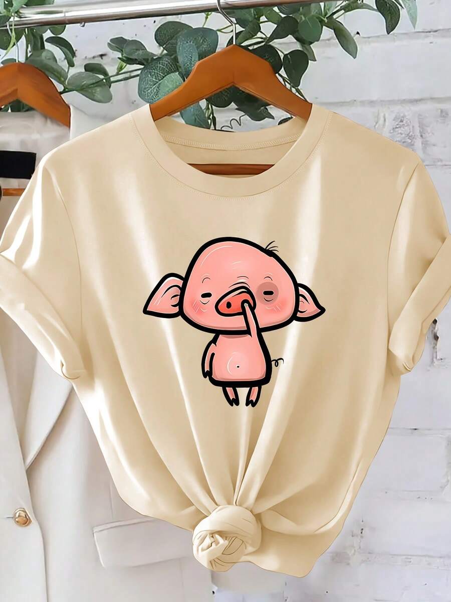 Women's T-Shirt With A Fun Piglet Looking At Its Nose Print | Fun Cartoon Style, Crew Neck, And Short Sleeves | Cute And Casual Top That Catches The Eye | Resort Style Clothing For Spring/Summer 2026 | Stylish Women's Retro-Style Clothing For Parties And Everyday Wear - Unisex Short-Sleeved, Crew Neck, Loose-Fitting Cotton T-Shirt With A Vintage Urban Style - 杏色 - 查看 1