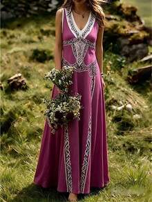 Women's Retro Fashion Viking Celtic Art V-Neck Sleeveless Long Dress - 軍綠色 - 查看 4