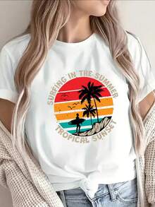 Camiseta ligera de  de manga cortara mujer - Top de cuello redondo suave y transpirable compatible con blusa con estampado de degrdo sutil, uste moderno adecuado para uso diario y al e , camiseta opaca lavable a máquina - Blanco - Ver 2