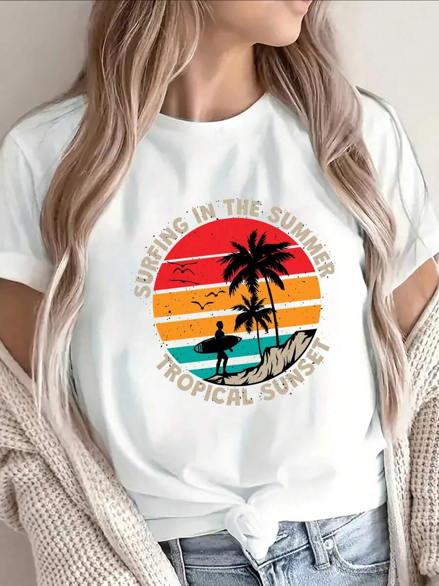 Camiseta ligera de  de manga cortara mujer - Top de cuello redondo suave y transpirable compatible con blusa con estampado de degrdo sutil, uste moderno adecuado para uso diario y al e , camiseta opaca lavable a máquina