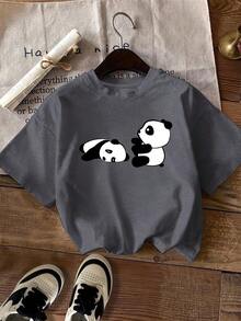 Camiseta de cuello redondo con estampado de panda, ropa de mujer de talla estándar, ropa de mujer - Camiseta de manga corta de algodón holgada unisex de estilo vintage urbano con cuello redondo. - Verde - Ver 7