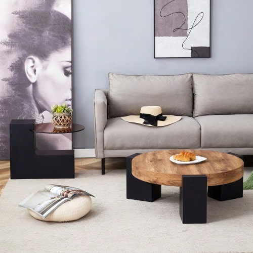 Modern, Simple Round Coffee Table With Two Levels – Transparent Brown Glass Top And Black L-Shaped MDF Legs. The Detachable Design Allows For Flexible Room Use. - Black,Wood - View 1