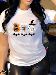 Camiseta casual de manga corta para mujer Halloween, 1 pieza, 100% algodón pesado - Cuello redondo cómodo, suaves y encantadoras camisetas - blanco - Ver 3