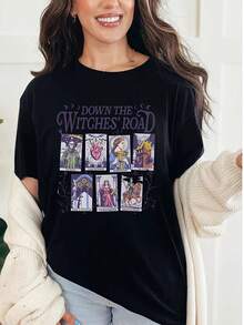Camiseta de Halloween grande, sudadera gráfica de brujas wiccan con diseño misterioso de "El camino de las brujas" con arte de cartas de tarot, manga corta, cuello redondo, lavable en máquina, ajuste regular para entusiastas de la coven y la brujería, ropa espiritual, tema de Halloween, ilustraciones detalladas. - Negro - Ver 12