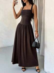 Vestido evasé de unicolor marrón café con cuello cuadrado elegante para mujer, primavera/verano - Marrón - Ver 3