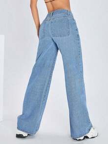 ICON Solid Color Wide Leg Pocket Jeans, Casual And Versatile - 中等水洗藍色 2 - 查看 6