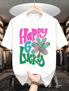 1 camiseta Happy Go Lucky para el Día de San Patricio con diseño de trébol colorido para celebraciones festivas. Es una camiseta perfecta para regalar a amigos y familiares en cualquier día festivo u ocasión especial. 180g 100% algodón. - Blanco - Ver 2