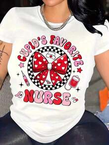 1 pieza de camiseta de mujer con diseño "El Favorito de Cupido" para el Día de San Valentín, con lazo rojo y elementos médicos, ideal para enfermeras y trabajadores de la salud, perfecta para regalos de San Valentín y celebraciones románticas. Camiseta gráfica, camisetas gráficas para mujer, camiseta de verano, camiseta casual, ropa de vacaciones para mujer, diseño juvenil y moderno, 180g 100% algodón. - Blanco - Ver 1