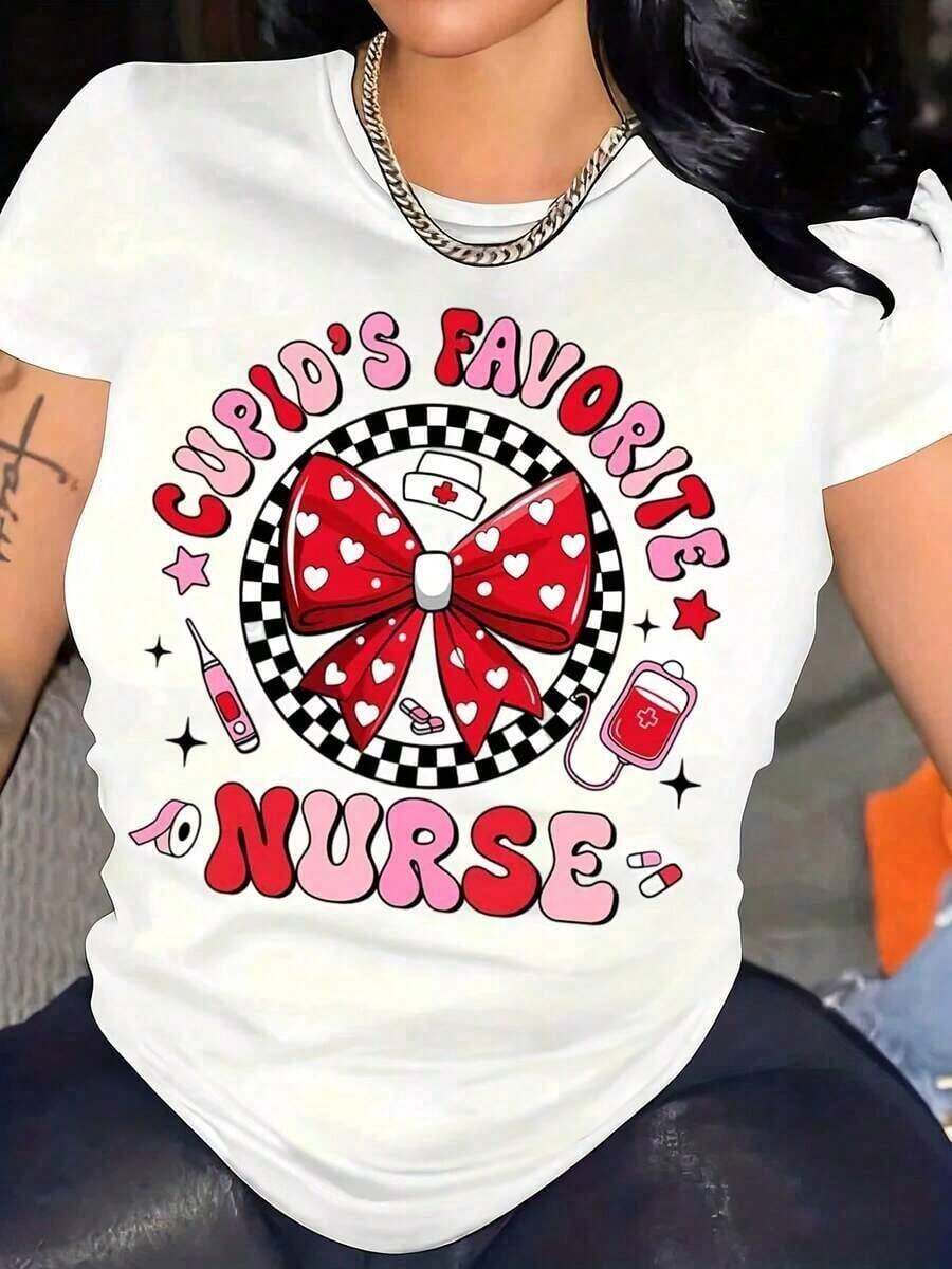 1 pieza de camiseta de mujer con diseño "El Favorito de Cupido" para el Día de San Valentín, con lazo rojo y elementos médicos, ideal para enfermeras y trabajadores de la salud, perfecta para regalos de San Valentín y celebraciones románticas. Camiseta gráfica, camisetas gráficas para mujer, camiseta de verano, camiseta casual, ropa de vacaciones para mujer, diseño juvenil y moderno, 180g 100% algodón. - Blanco - Ver 1