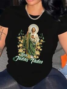 Camiseta de la Santísima Virgen de  Tadeo para Mujer |     Patrón religioso verde y dorado, mangas cortas, cuello redondo, top casual, adecuado para uso diario y festivo, ropa cristiana española, apto para todas las estaciones, lavable a máquina y cómodo. - Blanco - Ver 10
