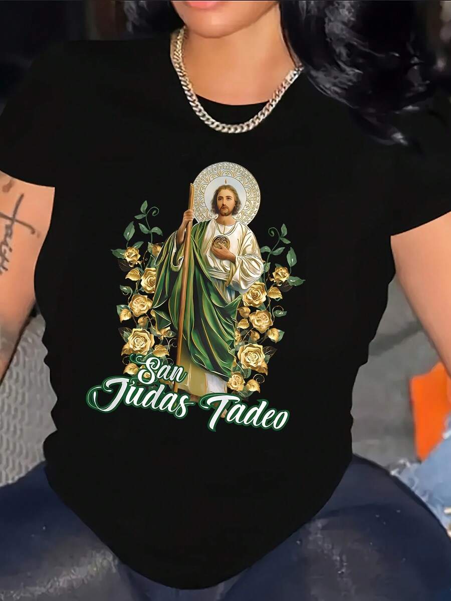 T-Shirt Of The Blessed Virgin Of Thaddeus For Women | Green And Gold Religious Pattern, Short Sleeves, Round Neck, Casual Top, Suitable For Daily And Festive Wear, Spanish Christian Clothing, Suitable For All Seasons, Machine Washable And Comfortable. - 黑色 - 查看 1