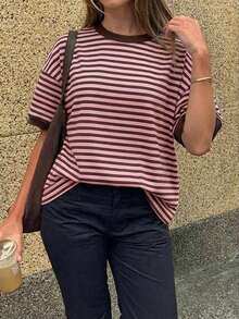 Camiseta casual de mujer Vaiaye de cuello redondo holgado, camiseta de manga corta a rayas con parches minimalista de color contrastante, adecuada para uso diario, ir al trabajo y verano en casa, color rosa - Rosa - Ver 6