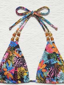 Bộ bikini nữ gợi cảm, nhiều màu sắc, họa tiết graffiti và hoa lá, điểm nhấn là hạt gỗ, kiểu dáng tam giác cạp cao, thích hợp cho kỳ nghỉ và tiệc tùng. - Nhiều màu - Xem 5