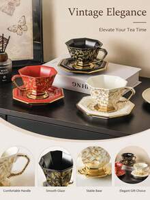 DearDali 1 Set 220ml Vintage Gilded Ceramic Cup & Saucer, European Palace Style Luxury Octagonal Design Gold-Rimmed Mug, Home Decor, Couple/Best Friend Gift, Coffee/Tea Cup - Multicolor - View 7