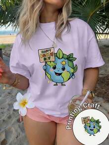 Women's Short-Sleeved Crew Neck T-Shirt, 100% Machine Washable And Easy To Care For, With A Casual Design Featuring Adorable Lettering And A Banner Print With The Phrase "Happy Earth Day". New Summer 2026 T-Shirt For Everyday Wear And Travel. - 杏色 - 查看 11