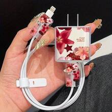 3件套花朵图案充电器和数据线保护套，兼容苹果18-20W快充手机，防断裂数据线整理器 - 彩色 - 查看 2