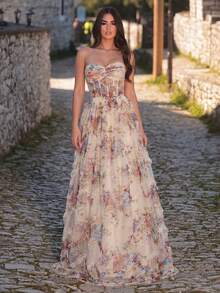 Đầm ống in hoa, kiểu dáng corset xếp ly, viền bèo nhún. - Màu be - Xem 3