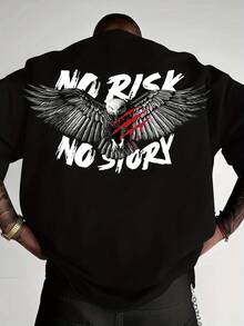 Camiseta con estampado de águila, con el eslogan "NO RISK NO STORY" impreso, transpirable y cómoda, diseño de hombros ligeramente caídos, cuello redondo, hecha de fibra de poliéster transpirable. CKDJ - Negro - Ver 1