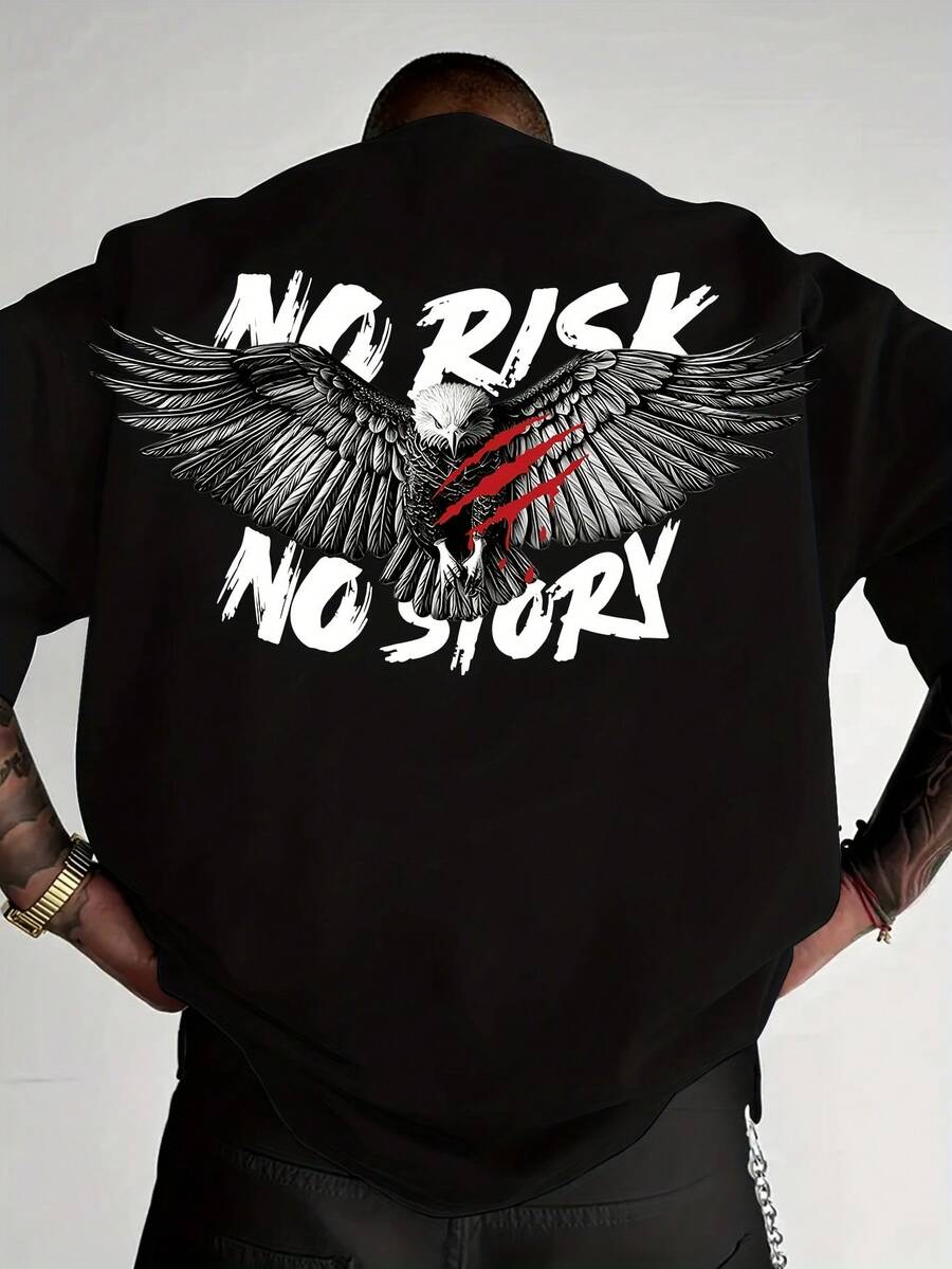 Camiseta con estampado de águila, con el eslogan "NO RISK NO STORY" impreso, transpirable y cómoda, diseño de hombros ligeramente caídos, cuello redondo, hecha de fibra de poliéster transpirable. CKDJ - Negro - Ver 1